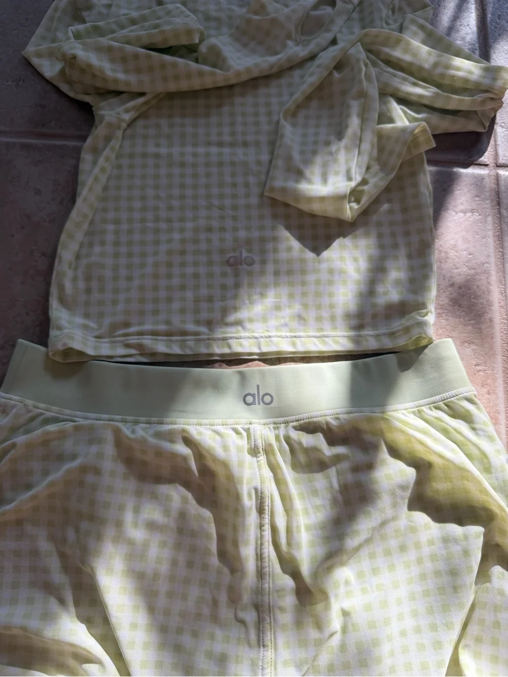 Alo Yoga S matching two piece Mesh Gingham Skirt crop top Set Iced Green Tea